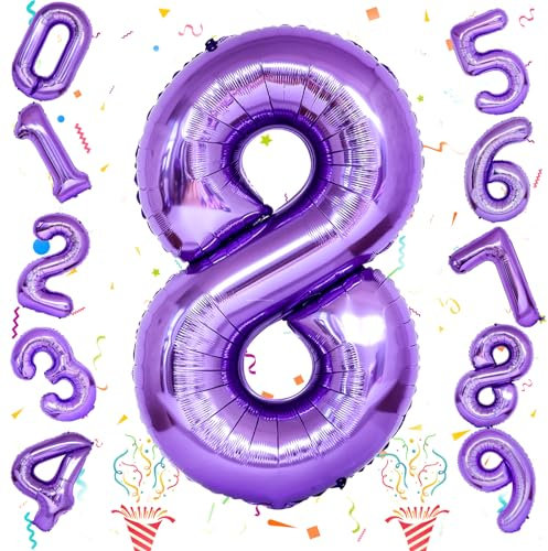 8th Birthday Number Balloons for Kids, Self Inflating 40 Inch Purple Foil 8 Balllon, Large Number 8 Balloons for Girls 8 Years Old Birthday Party Bridal Shower Anniversary Party Decorations Supplies