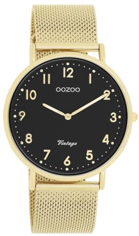 Oozoo Vintage Damen Uhr Gold/Schwarz | Armbanduhr Damen mit Mesharmband | Moderne Uhr für Frauen | Edle Analog Damenuhr in rund C20344 (40mm Gehäuse)