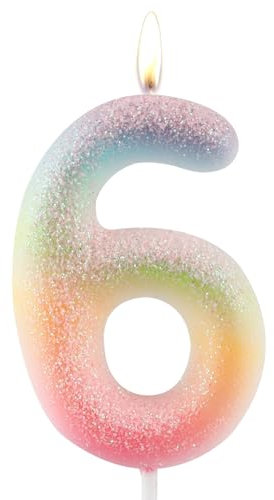 Zolunu Glitter Colorful 6th Birthday Candle, Birthday Number 6 Candle Cake Toppers for Girl Women, Glitter Colorful Themed Party Decorations Supplies Birthday Gifts