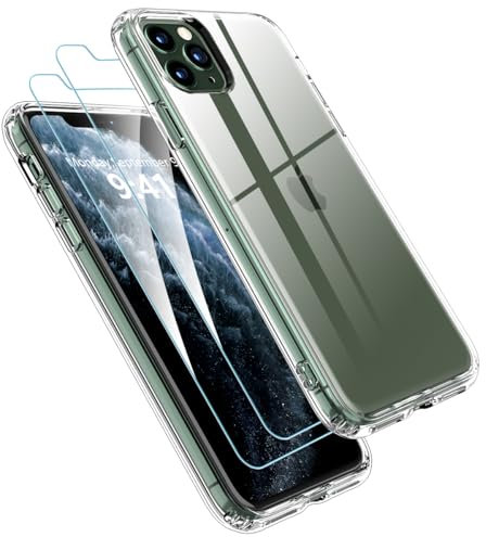 Ruayia für iPhone 11 Pro Hülle mit 2 Stück Schutzfolie, Handyhülle Dünne Transparent Slikon Weiche iPhone 11 Pro Case Stoßfest Bumper Kratzfest Anti-Rutsch Schutzhülle - Durchsichtig