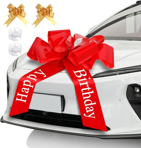 Geschenkschleife Groß, 58cm/23in Große Schleife, Wiederverwendbar Große Rote Schleife für Auto Bedruckt mit Happy Birthday, Rote Schleife Groß mit Saugnapf und Anleitung, für Geburtstag Deko