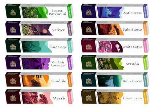 Himalaya Premium Assorted Agarbatti Sticks 12 x 15g – Patchouli, Anti-Stress, Arruda, Blue Sage, Frankincense, Lavender, Myrrh, Rain Forest, Sandalo, Vetiver, White Lotus, Palo Santo
