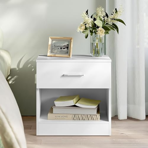 Comfy Living Modern Bedside Table with Drawer and Open Shelf, High Gloss, Bedroom Storage Table (White)