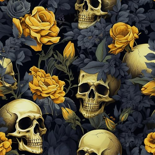 VEELIKE Vintage Totenkopf Tapete Dunkle Schwarz Blumentapete Selbstklebende Tapete Blumen Gold Blau Gotische Mustertapete Fototapete Schlafzimmer Badezimmer Schränke Regale 44.5 cm × 300 cm