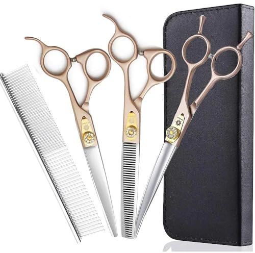 Dream Reach 7 Hundeschere Set (Gerade, Gebogen, Ausdünnen) 440C Edelstahl | Profi 3-in-1 Set: Gerade, Gebogene & Ausdünnungsschere (15-25% Ausdünnung), mit Tuch und Tasche, für Hunde & Katzen