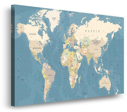 HJ KIDS Weltkarte zum Pinnen 120×80 cm – Kork-Pinnwand mit Pins & englischer Beschriftung – Reise-Weltkarte zum Markieren von besuchten Ländern – Wanddeko Leinwandbild für Wohnzimmer & Kinderzimmer