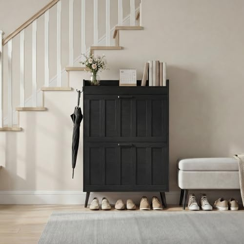 ELUREVIA Schuhschrank Schmal mit 2 Klappschubladen, Landhausstil Schuhaufbewahrung für Flur Wohnzimmer, Kippschutz, Schwarz