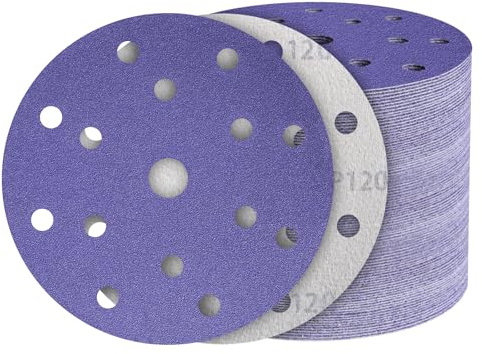 50 Stück Schleifpapier 150mm Klett Set, 15 Loch Schleifscheiben | 60 80 120 180 400 Körnung, Keramikkorund Exenterschleifpapier, Selbstschärfend für Automobil Metall Edelstahl Holz