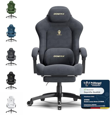 Dowinx Gaming Stuhl, Höhenverstellbares Massage-Lendenkissen, Ergonomisch, Weiches Mikrofaser-Velours, Verdicktes Sitzpolster, Kopfstütze und Fußstütze Inklusive, 155° Neigbar, Grau