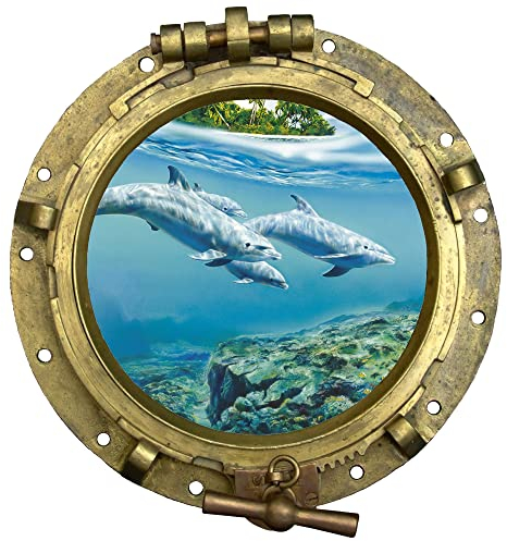 GRAZDesign Wandtattoo Bad Bullauge Delfin | Wandsticker Wandaufkleber Bad, Tür, Fliesenaufkleber Klebefolie Waschmaschine Fliesen | maritime Deko Meer - 62x57cm