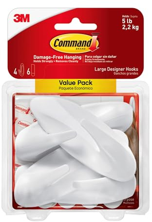 Command 17003ES Versatile Hook, White, 1 Hook, 2 Strips 4 Large Hooks White