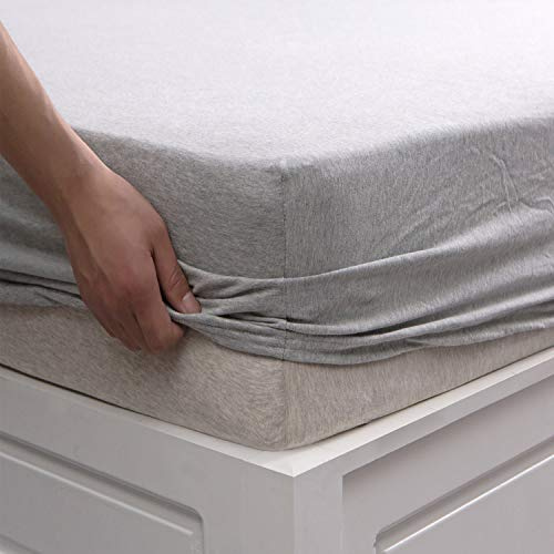 PURE ERA Jersey Knit Cotton Fitted Bottom Sheet ONLY (No Flat Sheet or Pillow Shams) - Ultra Soft Comfy Breathable Comfortable - Heather Grey Queen