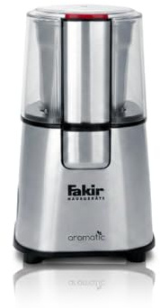 Fakir Aromatic / Kaffee-Mühle elektrisch, mit Scheibenmahlwerk, Mühle für Kaffeebohnen, Gewürze, Nüsse und Getreide, 60 g Kapazität, silber - 220 Watt