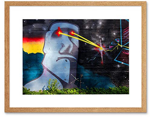 Graffiti Easter Island Head Laser Art Print Light Oak Framed Poster Wall Decor 12x16 inch Insel Licht Wand Deko