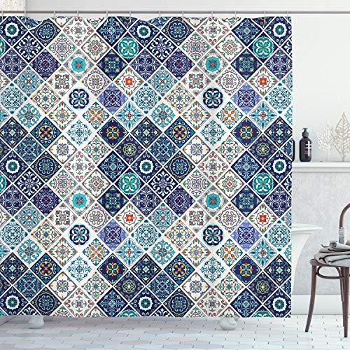 ABAKUHAUS traditionell Duschvorhang, Portugiesisch Retro Tile, Stoffliches Gewebe Badezimmerdekorationsset mit Haken, 175 x 200 cm, Violettblau Teal