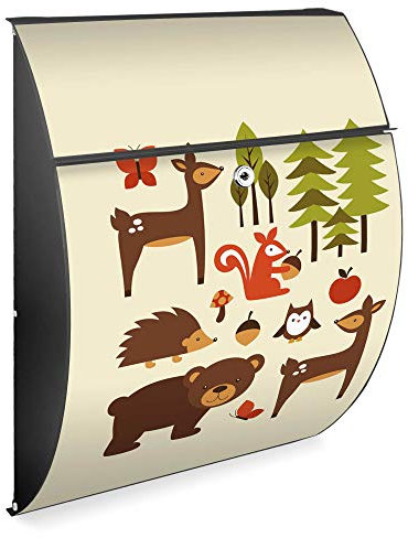 banjado Design Briefkasten - Modell Riviera 46x33,5x13cm groß - verzinkter Stahl anthrazit - Postkasten Öffnungsstopp großer A4 Einwurf Zylinderschloss 2 Schlüssel - Motiv Waldfreunde