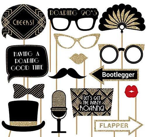 Vollständig montierte Foto-Requisiten der 20er Jahre, Set mit 30 Stück, schwarz und goldfarben, glitzernde Selfie-Schilder, tolles Gatsby-Thema-Partyzubehör und Dekorationen, niedliche Vintage-Designs