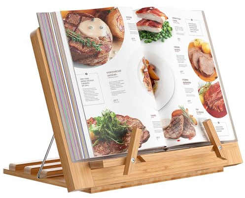 Pezin & Hulin Bamboo Desktop Book Stands, Adjustable Book Stand for Reading | Wooden Cook Book Holder Seat, Bamboo Foldable Riser for Tablet, Recipe, Laptop with Page Clips