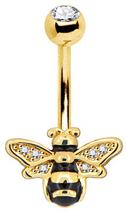 OUFER Belly Bars 14G 316L Surgical Steel Dainty Bee Belly Button Bar Yellow Epoxy Clear CZ Navel Piercing Belly Button Ring Body Piercing Jewellery