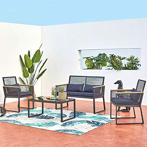 CONCEPT USINE | Salon de Jardin Bas 4 Places | Design MIHATA Noir & Bois | Moderne et Elégant | 1 Table, 1 Canapé, 2 Fauteuils | Robuste et Confortable | Waterproof | Idéal Extérieur, Terrasse, Jardin