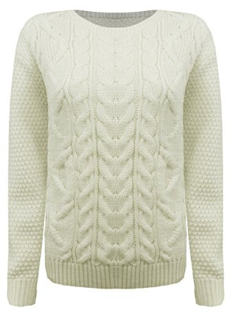 Generation Fashion New Ladies Cable Knit Crew Round Neck Long Sleeve Women Knitted Jumper Sweater [Cream,SM]