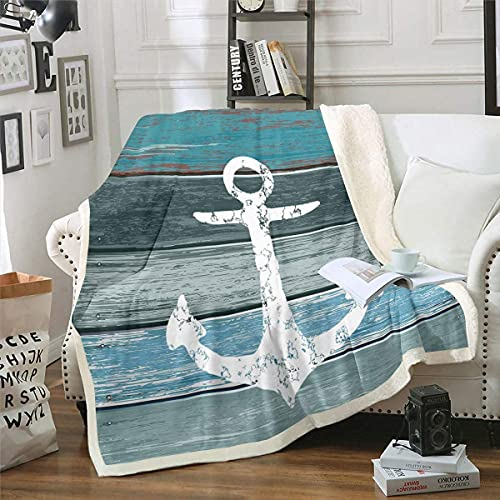 Anker Kuscheldecke Nautische Theman Decke 220x240cm Jahrgang Timeworn Verwitterte Holzplanken Rustikal Flanell Fleecedecke Weiche Gemütliche Wohndecke für Schlafsofa Stuhl Couch Blaugrün Blaual
