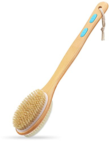 Hience Back Scrubbers for Shower with Long Handle, Bath Shower Brush Body Exfoliator, 2-Sided Brush Head with Soft and Stiff Bristles for Wet or Dry Brushing, Cellulite Removal and Lymphatic Drainage