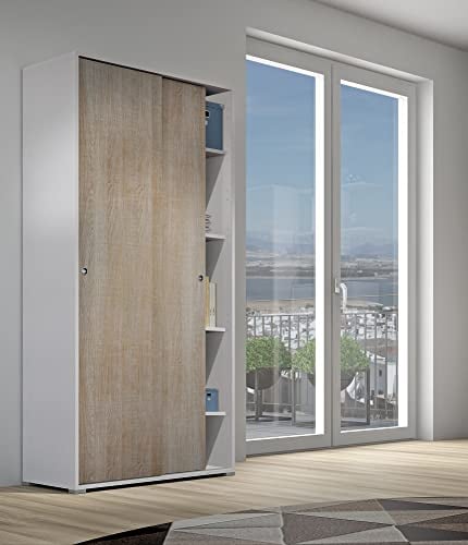 Guardaroba Dalia, Armadio a 2 Ante scorrevoli e 4 Ripiani, Mobile Moderno Multiuso per Camera da Letto, 100% Made in Italy, 90x45h195 cm, Rovere e Bianco
