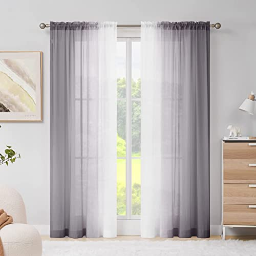 Melodieux Gardinen mit Kräuselband Ombre Transparent Vorhänge für Wohnzimmer 2er Set, 225x140cm Grau
