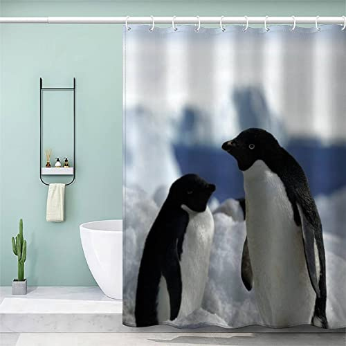 VASENA Duschvorhang 180x180 Erwachsene Duschvorhang Pinguin 3D Motiv Schwer Stoff Polyester Badvorhang Winterschnee Duschvorhang Waschbar Anti Schimmel