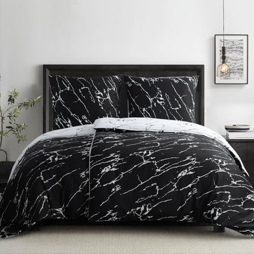 RUIKASI Bettwäsche 135x200 4teilig Schwarz - Bettbezüge 135 x 200 2er Set mit Marmor Muster, Bettwäsche-Sets 135x200cm aus Mikrofaser mit Reißverschluss Weich und Bügelfrei