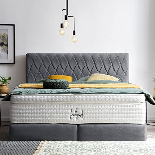 Designer Boxspringbett Lyon 160x200 Webstoff, mit Topper, Polsterbett, Hotelbett, ohne Bettkasten, 7 Zonen Taschenfederkern-Matratzen, Aufbau KOSTENLOS (Anthrazit, 160x200 cm mit Topper)