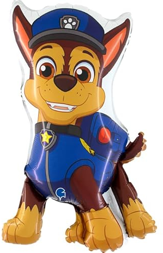 Grabo Geburtstagsballon Paw Patrol. Luftballon für Kinderpartys in Form von Chase, aus Folie mit Strohhalm zum Aufblasen. Bunte Luftballons Made in Italy 46 x 78 cm