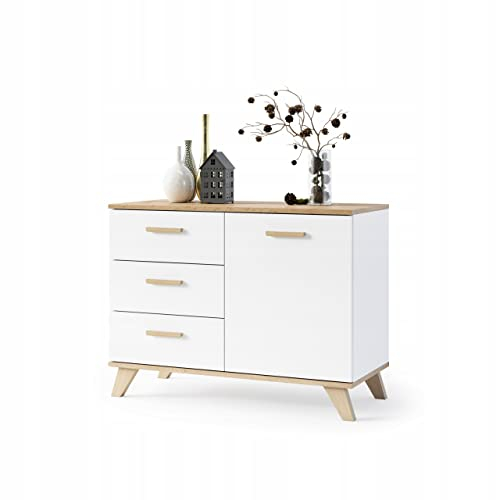 VBChome Kommode mit 3 Schubladen und 1 Türen 100x40x75 cm Weiß Griffe Schubladenkommode Holz Mehrzweckschrank für Flur Schlafzimmer Wohnzimmer Kinderzimmer