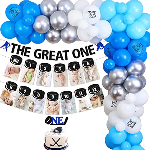 Eishockey 1. Geburtstag Dekorationen Junge, The Great One Birthday Banner Hockey Foto Banner One Cake Topper Blau Silber Weiß Ballonbogen für Sport Thema Jungen Erste Geburtstag Party