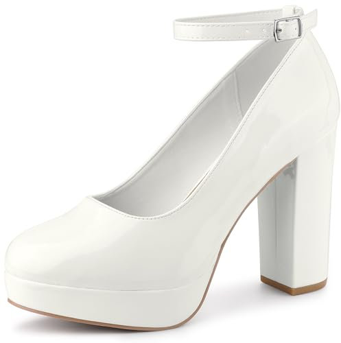 Allegra K Women's Platform Ankle Strap Chunky Heel Mary Janes Pumps White 5 UK/Label Size 7 US