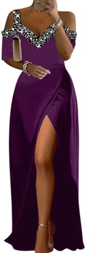 shownicer Vestiti da Cerimonia Donna Elegante Scollo a V Abito Maxi Lungo a Vita Alta Vestito Sexy Curvy Cocktail Abiti in Tinta Unita Vestiti con Spacco A Viola L