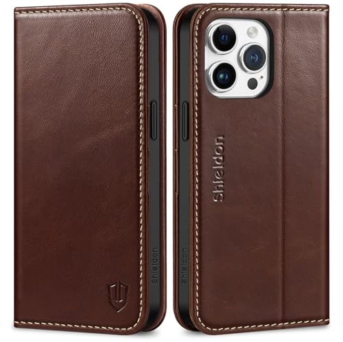 SHIELDON Hülle für iPhone 15 Pro Max, Echtleder Lederhülle [Kartenfach] [Magnet], TPU Klapphülle Schutzhülle RFID Blocker Flipcase Kompatibel mit iPhone 15 Pro Max 6,7 - Kaffee