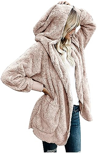 CSKJ Geschenkgutschein Amazon - Damen Mantel Plüschjacke Hoodie Jacke Oversize Wintermantel Kurzmantel Warm Cardigan Kapuzenjacke Winterjacke mit Taschen, Khaki, 5XL
