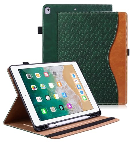 Vkooer Hülle für iPad 10.2-Zoll 9/8/7 Generation Schutzhülle mit Pencil Halter (iPad 2021/2020/2019) Ledertasche Cover Case mit Auto Schlaf/Aufwach Kartentasche für iPad Air 3/Pro 10,5 - Dunkelgrün