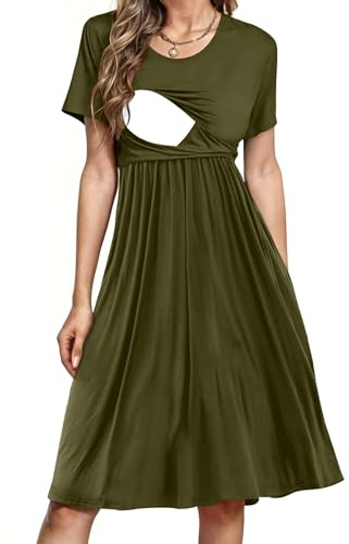PARNIXS Women's Nursing Dress Summer Short Sleeve Patchwork Pregnancy Clothes with Pockets,S Army Green