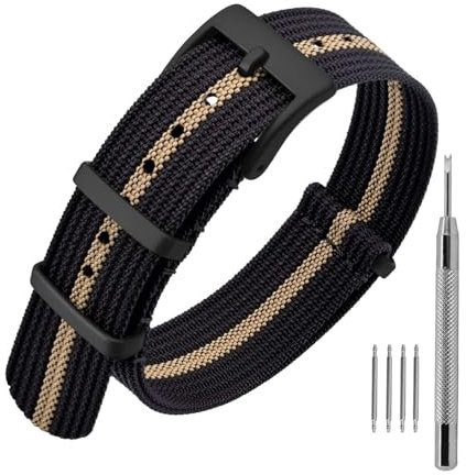 ANNEFIT Nylon Uhrenarmbänder 20mm mit Edelstahl Metall Schwarz Schließe, Sport Atmungsaktive Ersatzarmband (Schwarz/Khaki)