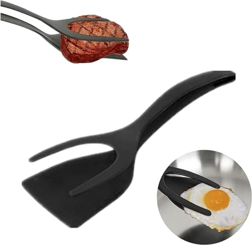 2 in 1 Egg Flipper Spatula Silicone Tong Grip and Flip Pancake French Toast Omelet Making for Home Kitchen Cooking Tool Tongs Fish Non Stick Baking, BBQ in Food Shovel Clamp Spatula (Black)