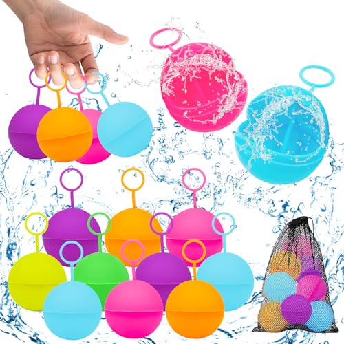 12 Stück Wasserbomben Wiederverwendbar, Wasserbomben mit Mesh Bag, Schnell Befüllbare Wasserbombens, Silikon Wasserballon, Outdoor Wasserspiele Sommer Pool Spielzeug Wasserspielzeug für Kinder