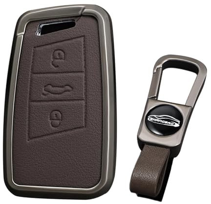 KUNIO Autoschlüsselhülle Passt für VW Magotan Passat B8 CC Tiguan MK2 für Jetta Passt für Skoda Superb A7 Kodiaq für Seat Ateca Schlüsselschutz Schlüsselanhänger Zubehör 3 Tasten B Braun