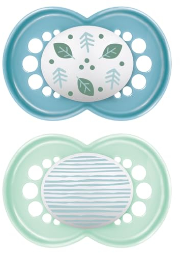 MAM Original Succhietto 16+ Mesi (Set da 2), Ciuccio MAM 16 36 mesi silicone con tettarella ortodontica, Kit da 2 accessori neonato con pratico porta ciuccio sterilizzatore, Azzurro/Verde
