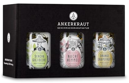 Ankerkraut Mix-Tee-Box 'Mit allen Wassern gebrüht', grüner Tee, schwarzer Tee und Orange-Grapefruit, 250 g Tee, Tea-Box zum Verschenken, Geschenk-Idee