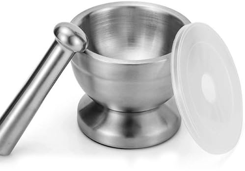 Litinliv Ensemble de mortier et pilon, Mortier en acier inoxydable de qualité alimentaire 304 et set, Broyeur de Pilules avec Couvercle en Plastique, Spice Grinder Polyvalent pour Adultes, Animaux