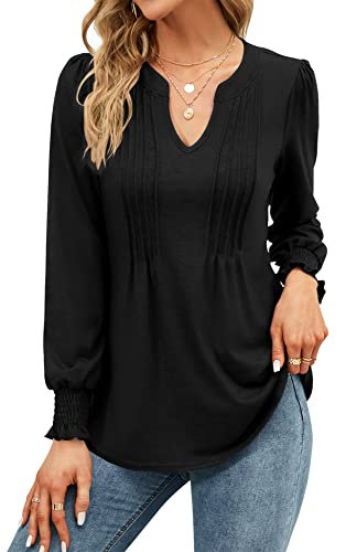 EFFAN Womens Long Sleeve Tops V Neck Casual T Shirts Pleated Autumn Winter Elegant Tunic Ladies Blouses, Black M (UK 12-14)