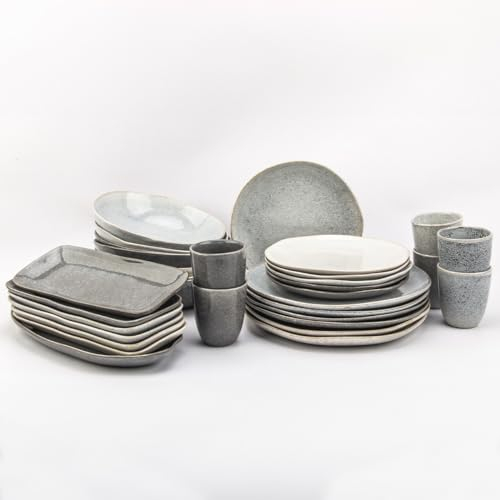Artime - Service de Table Complet, Assiettes Plates et Creuses, Bols, 32 Pièces, Assortiment de Vaisselle, Service Gris Unis, Vaisselle 100% Céramique